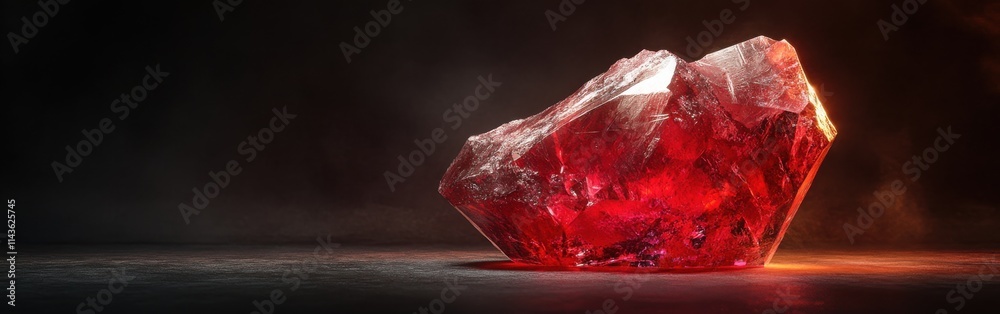 Poster Polished ruby with intense red color resting on a dark surface, showcasing its brilliance and clarity