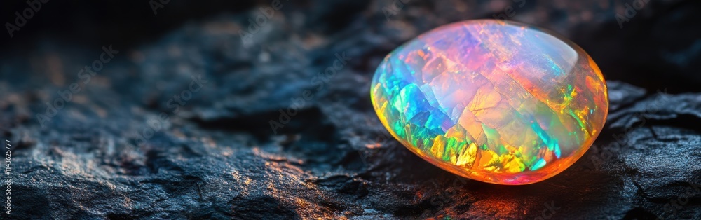 Poster polished opal showcasing vibrant colors and iridescent patterns on a dark surface