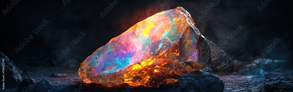 Poster polished opal displays vibrant colors and intricate patterns under soft lighting in a natural settin
