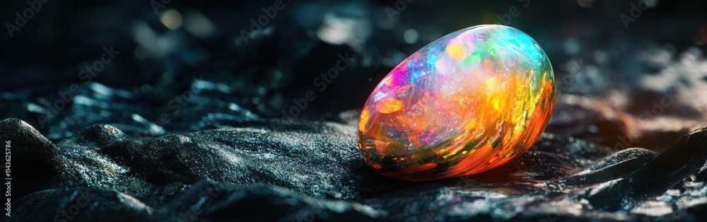 Poster polished opal reflecting vibrant colors on a dark surface in a natural setting