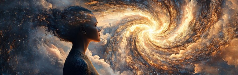 Profile view of a person with head tilted against a swirling galaxy backdrop
