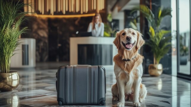 A stylish hotel lobby with a smiling dog sitting beside a suitcase on marble floors and a friendly receptionist in the background.