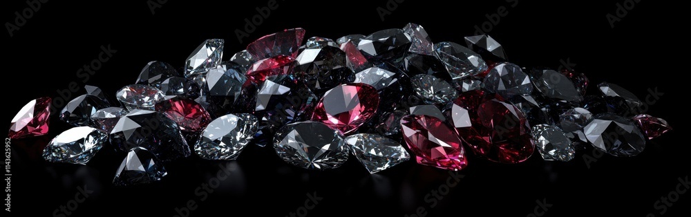 Poster shimmering pile of diamonds and rubies reflecting light in an elegant display on a black background