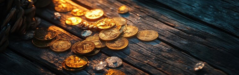 Weathered gold coins scattered on a rustic wooden surface reflecting warm light from above
