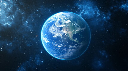 Obraz premium A close-up of the Earth floating in the endless darkness of space, glowing blue. Space exploration, environmental protection.