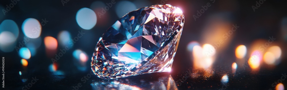 Poster beautifully cut diamond shining on a reflective surface with colorful lights in a dimly lit setting