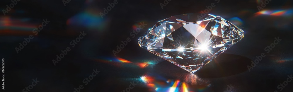 Poster perfectly cut diamond reflecting light on a dark background with colorful sparkles