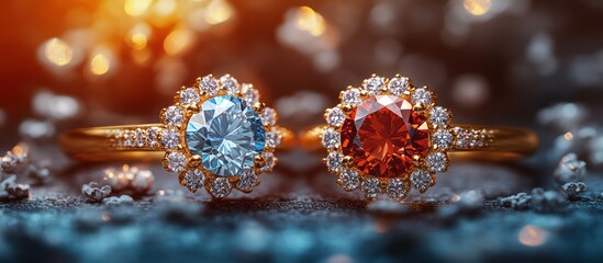 Two gold rings with blue and red gemstones on a dark surface.