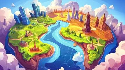 A Fantasy Island World Map Featuring Diverse Architectural Styles