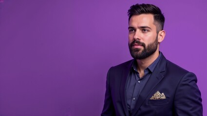 Obraz premium Confident businessman in navy blazer with stylish pocket square against purple background with copy space