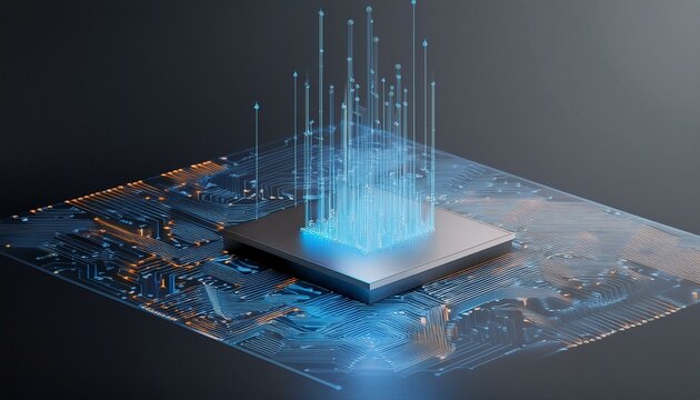 Consumer future and technology concepts: Quantum computing concept, glowing circuits and particles.