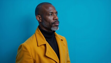 Obraz premium Distinguished African American man in yellow coat and turtleneck against blue background