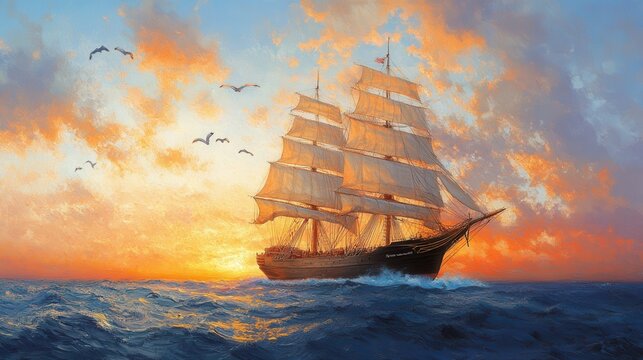 Majestic three-masted ship sailing under vibrant sunset skies and gentle waves on the ocean
