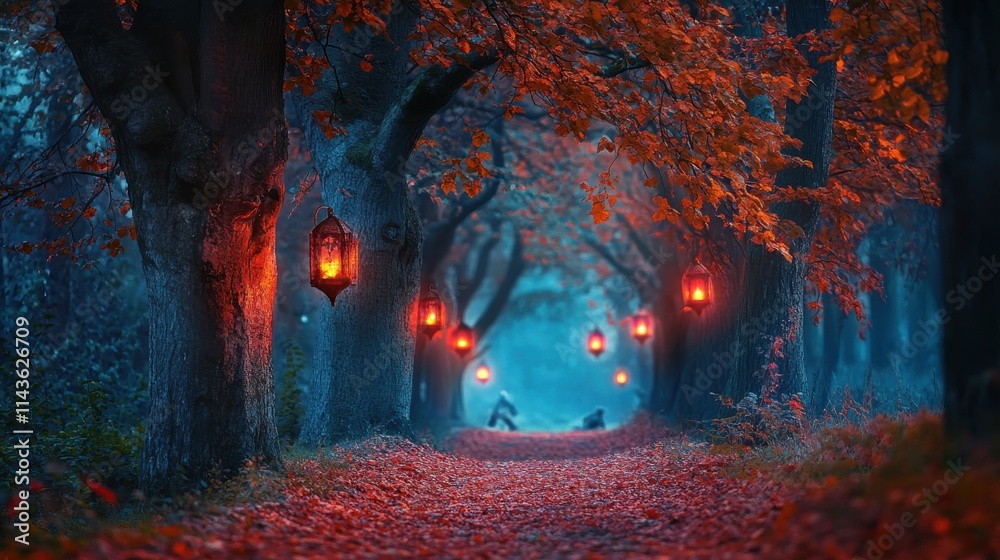 Poster mystical woodland path illuminated by lanterns and covered in autumn leaves during twilight