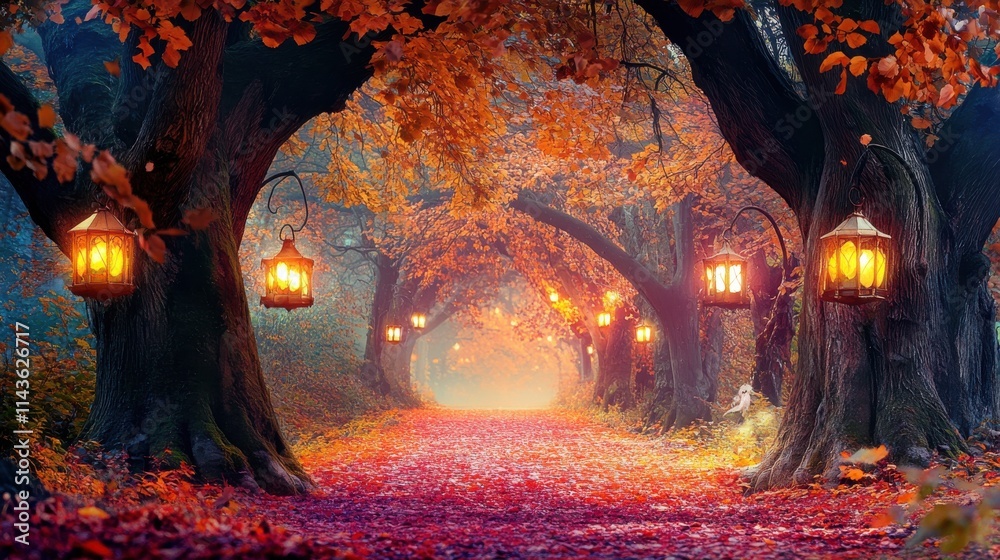 Poster mystical woodland path illuminated by lanterns along a colorful autumn trail