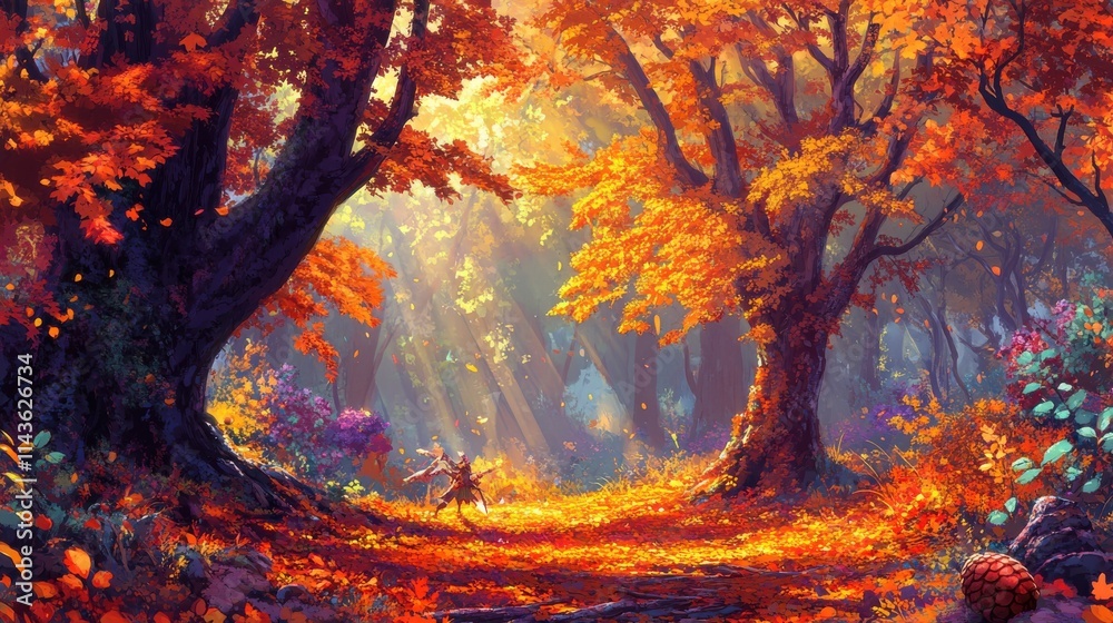 Poster mystical autumn forest with vibrant foliage and sunlight filtering through trees