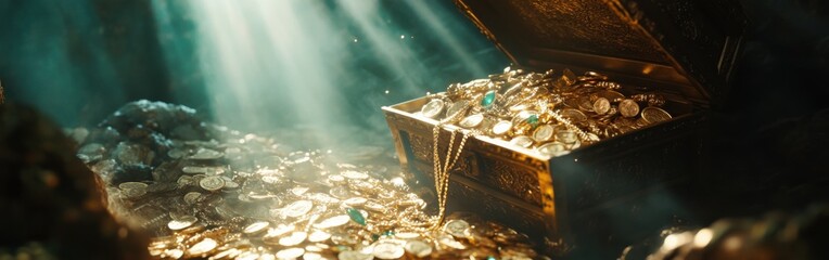 Hidden treasure chest reveals gold coins and jewels in a dimly lit cavern