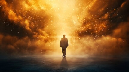 Silhouetted figure standing at the center of a glowing golden burst of radiant dynamic creative energy emanating outward symbolizing the power of imagination
