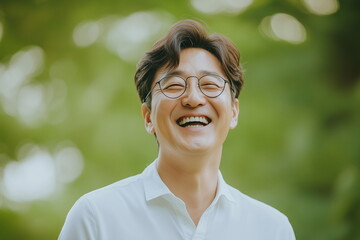 An outdoor background blurry with green leaves, a portrait of a middle-aged Korean man in glasses and white shirts smiling broadly with a happy expression.