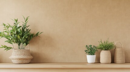 Minimalist interior design with plants on wooden shelf against textured wall