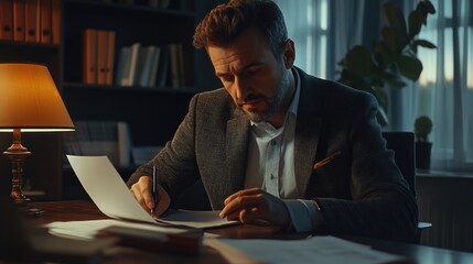 Obraz premium Concentrated Man Working Late at Night in his Study