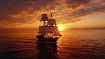 Obraz premium Majestic sailing ship gliding across calm waters at sunset with vibrant sky colors