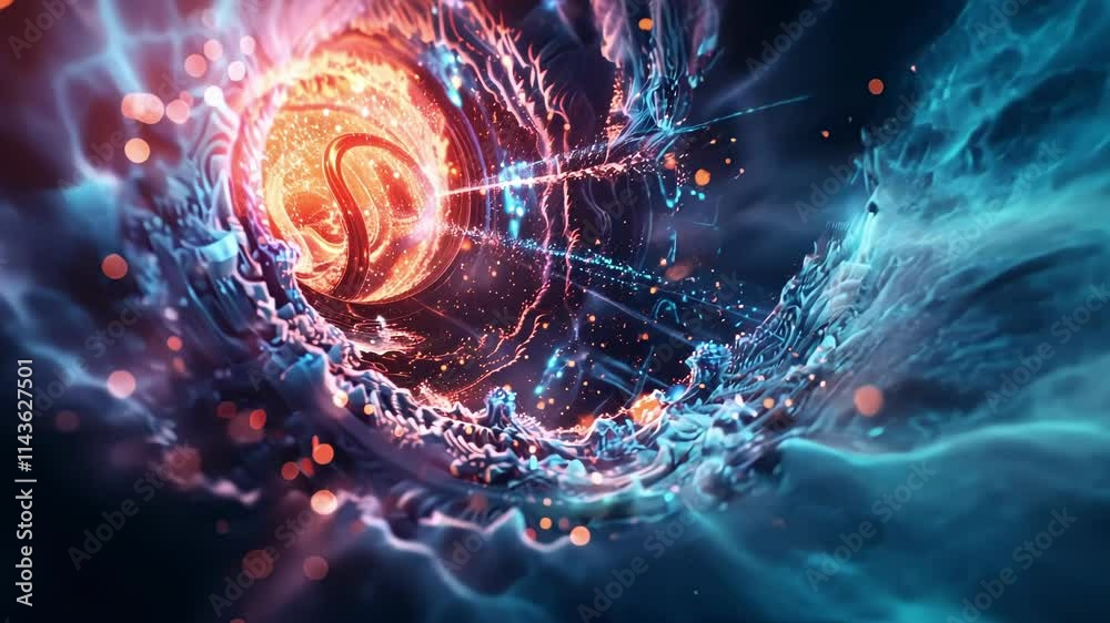 Poster quantum computing technology generating energy and particles inside a tunnel, creating a mesmerizing