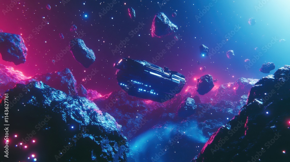 Aufkleber Futuristic interstellar ship navigating through colorful asteroid belt in deep space at twilight