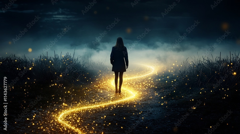 Poster a person standing at a fork in a glowing golden path with faint trails branching in different direct