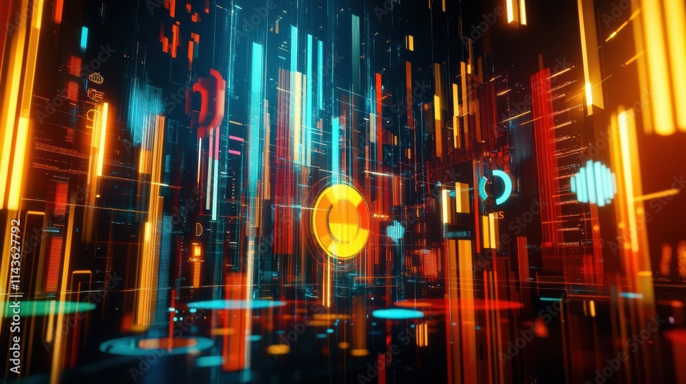 Aufkleber futuristic abstract design featuring vibrant colors and dynamic shapes in a digital landscape