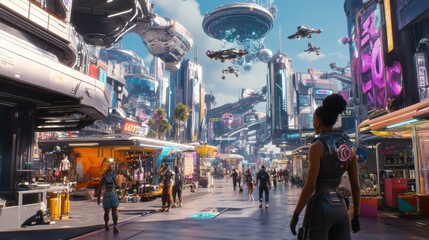 Futuristic marketplace teeming with diverse crowds and advanced technology in a vibrant urban setting