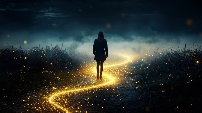 A person standing at a fork in a glowing golden path with faint trails branching in different directions symbolizing the concept of decision making planning