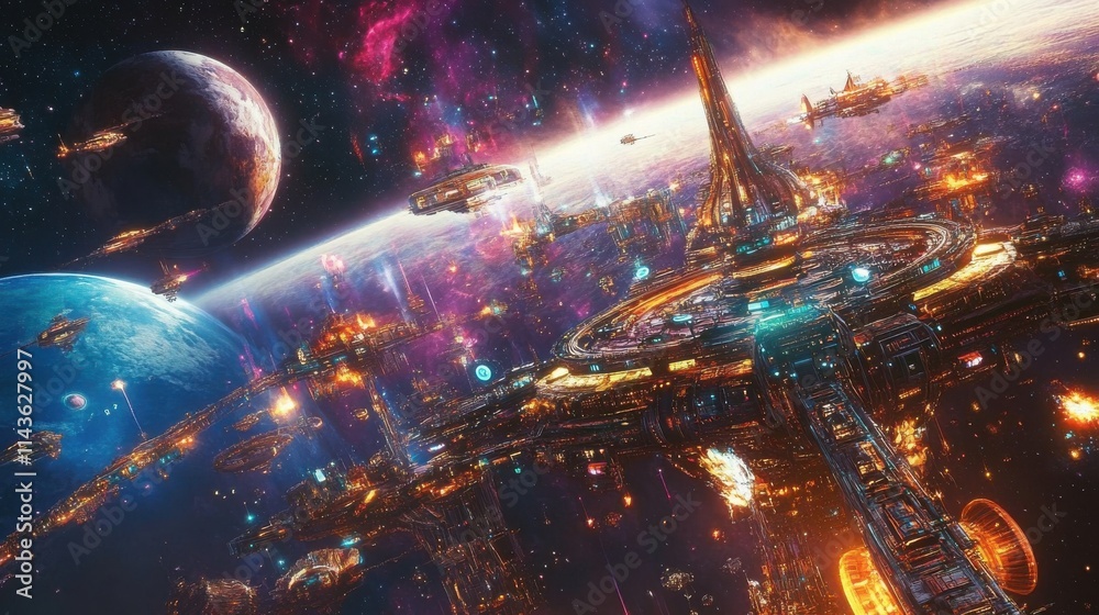 Poster vibrant cosmic city teeming with spaceships and planets in a sprawling universe filled with colorful