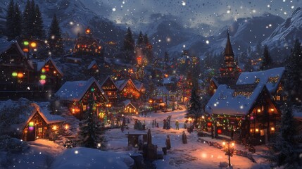 Fantastical village illuminated by festive lights in the snowy mountains at night