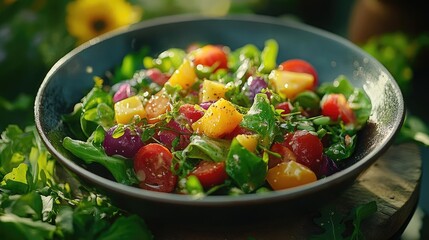 A fresh garden salad with colorful vegetables, drizzled with vinaigrette