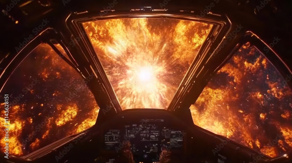 Poster Spectacular depiction of a supernova explosion from a spaceship cockpit view in deep space