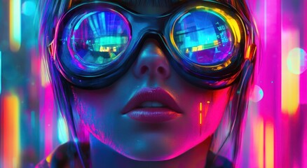 A cyberpunk character portrait of an adult male with short hair and wearing glasses