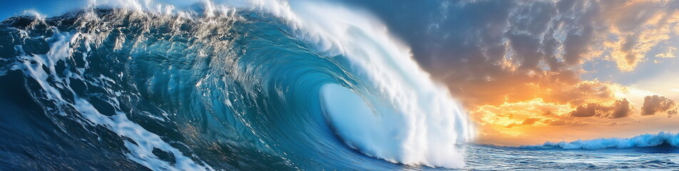 Sea panorama of dynamic moment with huge waves rising under a red sunset sky. Surfing, sea, nature, sports, adventure, landscape.
