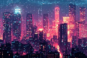 Obraz premium Nighttime View of a City Skyline with Illuminated Windows in a Pixelated Style