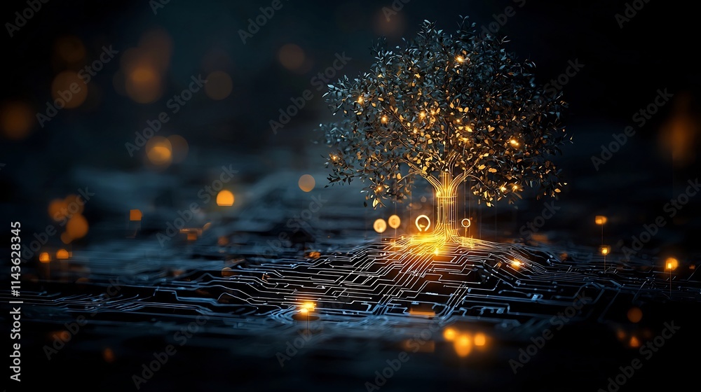 Poster glowing abstract tree with branches arranged in a flowchart design representing the systematic plann