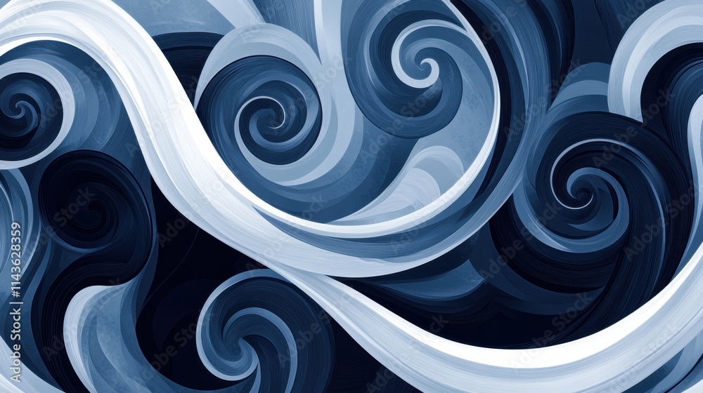 Poster Dynamic abstract composition showcasing swirling patterns in shades of blue and white with fluid movement and depth