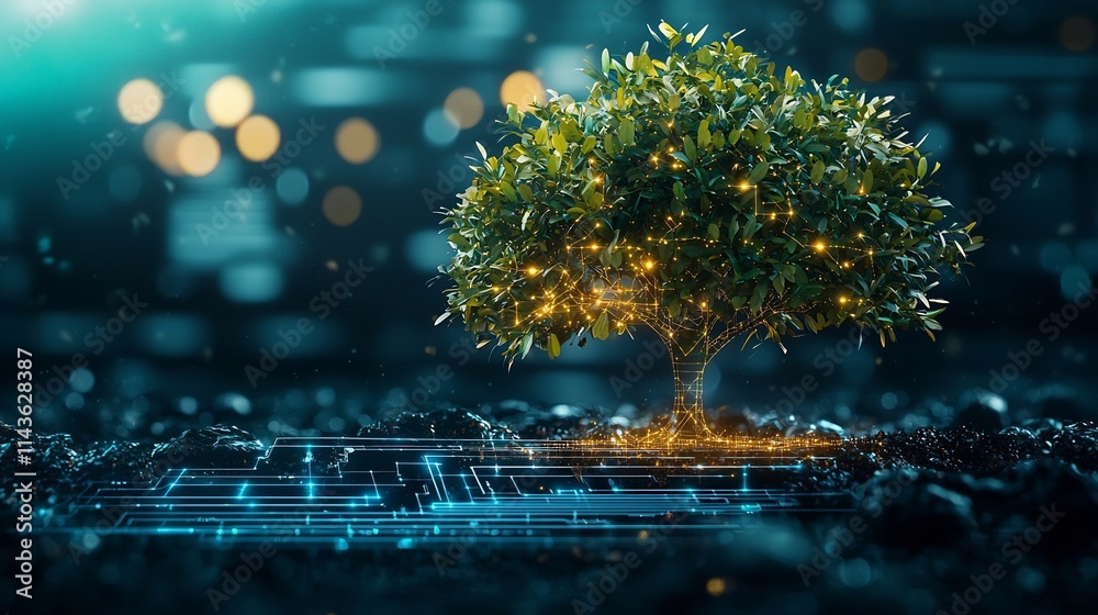 Poster a glowing luminous tree with branches arranged in a flowchart pattern symbolizing the systematic nat