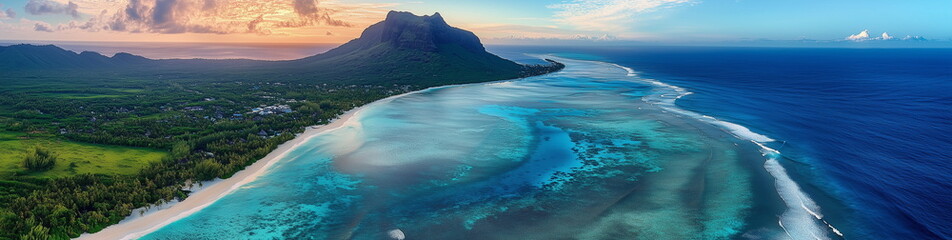 A panoramic shot of the beautiful coastline of Mauritius, with endless stretches of blue sea and coral reefs, lush forests, and mountains.
