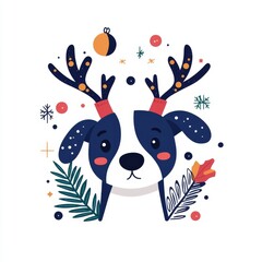Fototapeta premium Christmas animal in flat design theme. Playful illustration of a dog with antlers surrounded by festive elements and colorful decorations on white background.