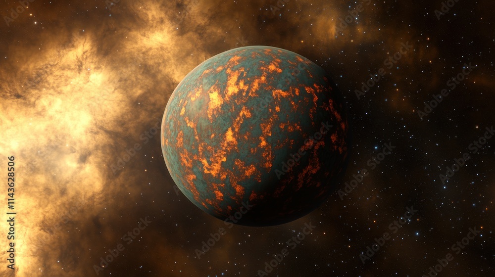 Poster dramatic view of an exoplanet surrounded by fiery clouds in a distant galaxy