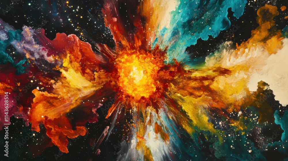 Poster Dramatic supernova explosion radiating vivid colors in a cosmic setting during an unknown time in the universe