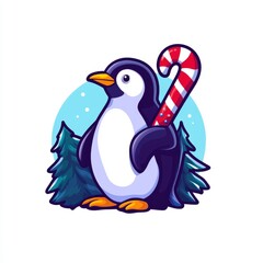 Naklejka premium Christmas animal in flat design theme. Playful penguin holding a candy cane on white background, set against a snowy forest backdrop.