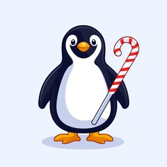 Obraz premium Christmas animal in flat design theme. Cute cartoon penguin holding a candy cane against a light blue background on white background.