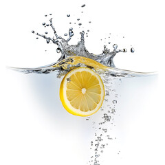 A vibrant slice of lemon plunges into crystal clear water, creating a stunning crown splash with crisp edges and a bright backdrop, capturing the essence of freshness and motion