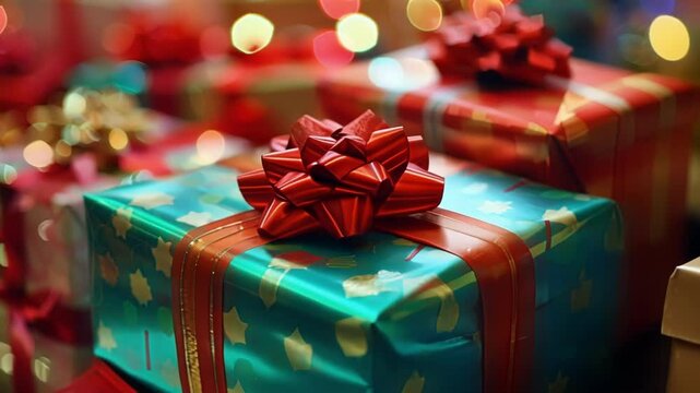 Defocused presents wrapped in bright paper and adorned with bows eagerly waiting to be od.